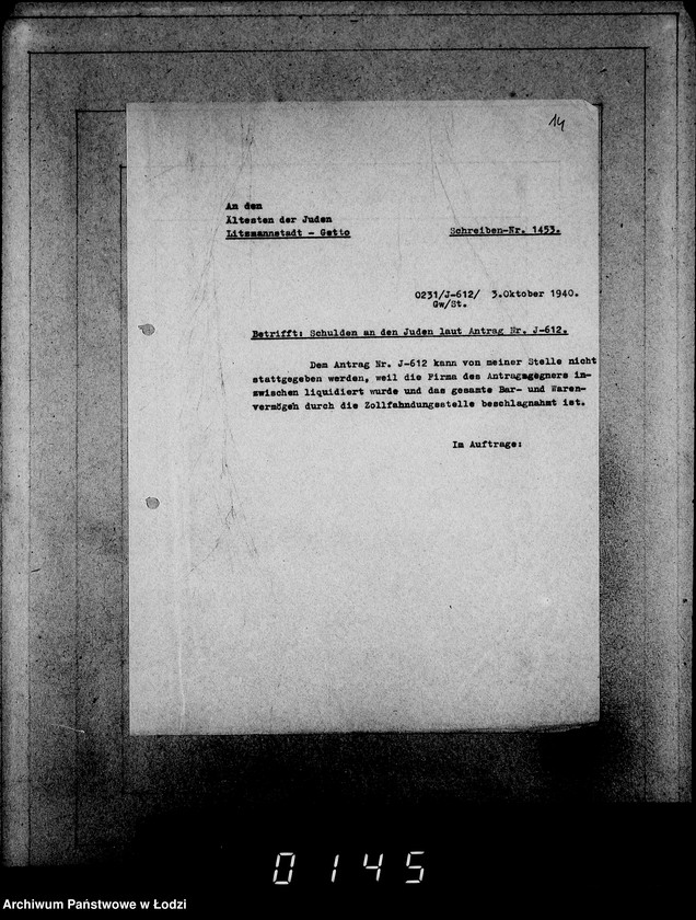 Obraz 18 z jednostki "J[uden] 611-625 [Wnioski Żydów z Getta o zwrot należności za pracę lub towar wzięty na kredyt]"