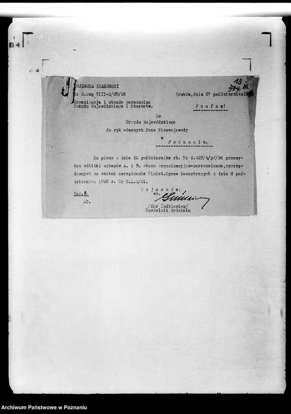 Obraz 17 z jednostki "Sprawy organizacyjne organizacja i obsada personalna Urzędu Wojewódzkiego Poznańskiego"