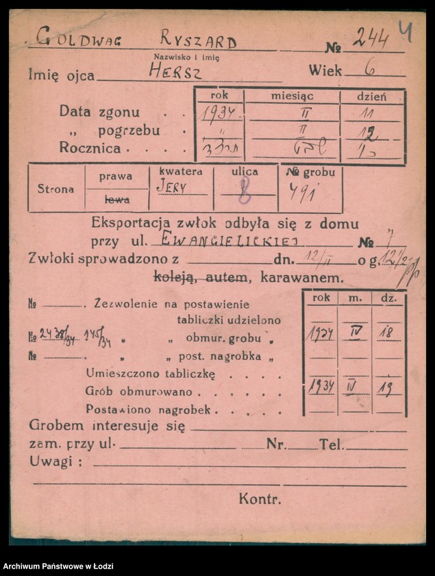 Obraz 5 z jednostki "Kartoteka osób pochowanych na cmentarzu żydowskim przy ulicy Brackiej w latach 1892-1959. Nazwiska na litery: Goldw-Gö"