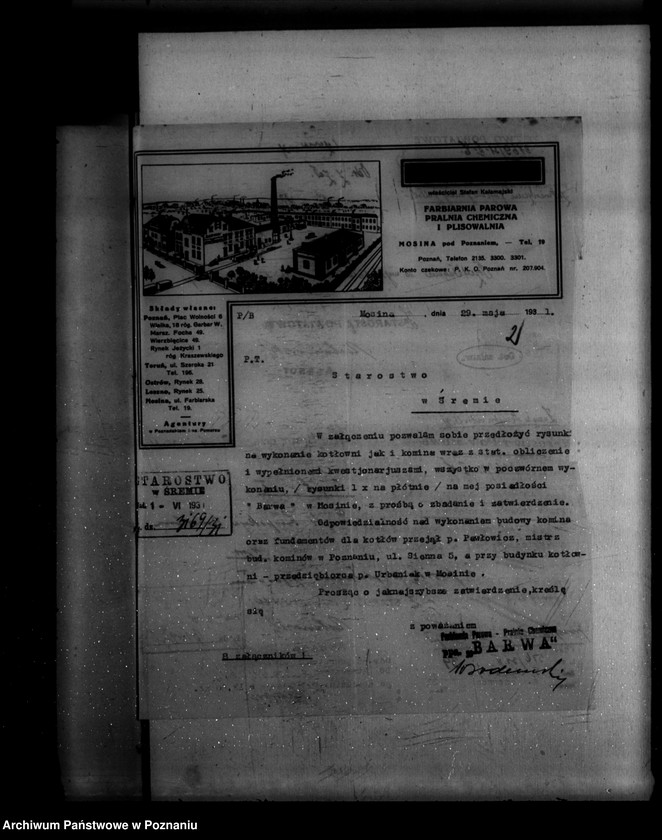 Obraz 6 z jednostki "Zatwierdzenie projektu zakładu przemysłowego nr 406 /urządzenia kotłowni i komina/ Farbiarni, Pralni Chemicznej w Mosinie powiat poznański"