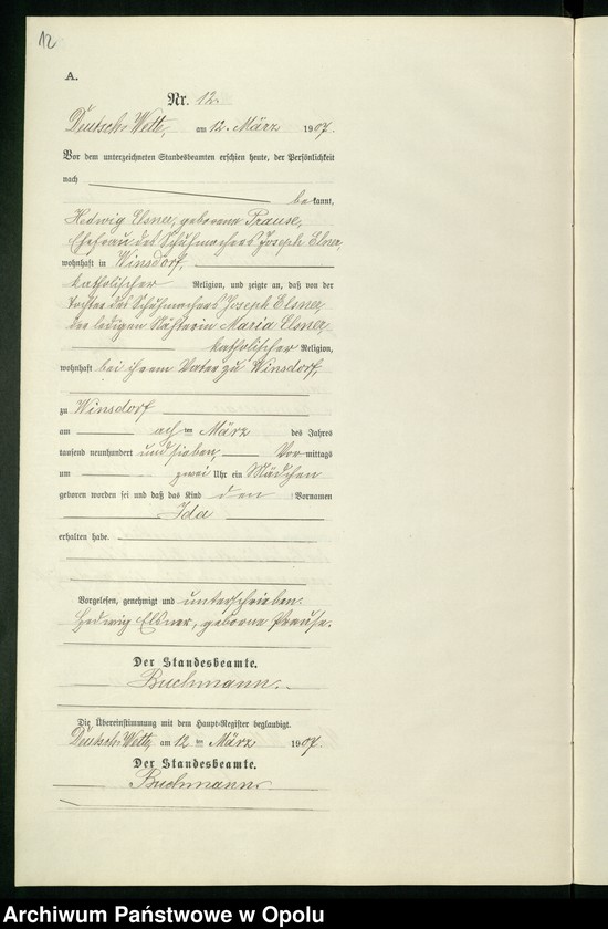Obraz 16 z jednostki "Geburts-Neben-Register des Standesamts Deutsch Wette pro 1907"