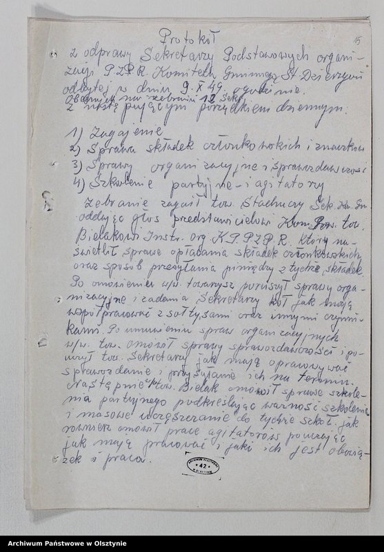 image.from.unit.number "Protokoły zebrań wyborczych /1951/, posiedzeń plenarnych, narad aktywu partyjnego, plany pracy, sprawozdania /1949-1954/ Komitetu Gminnego PZPR"