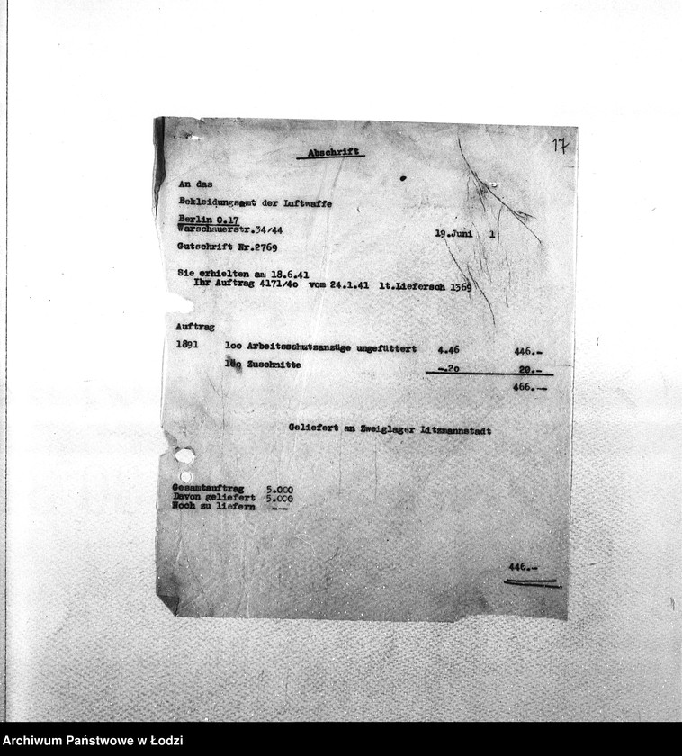 Obraz 20 z jednostki "Sonderkonto [Korespondencja PSŻ z GV w sprawach buchalteryjnych: uznanie konta za przekazane Niemcom mienie żydowskie i dostarczoną siłę roboczą w zamian świadczeń ze strony GV]"