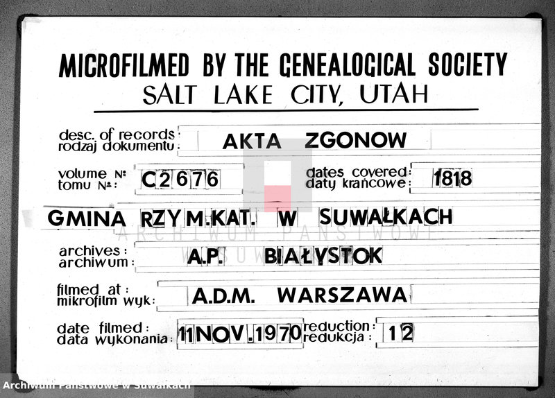 image.from.unit.number "Księga urzędnika stanu cywilnego gmniny suwalskiey zawierająca w sobie akta zejścia od dnia 1-go stycznia 1818 r-u do dnia tegoż 1819"