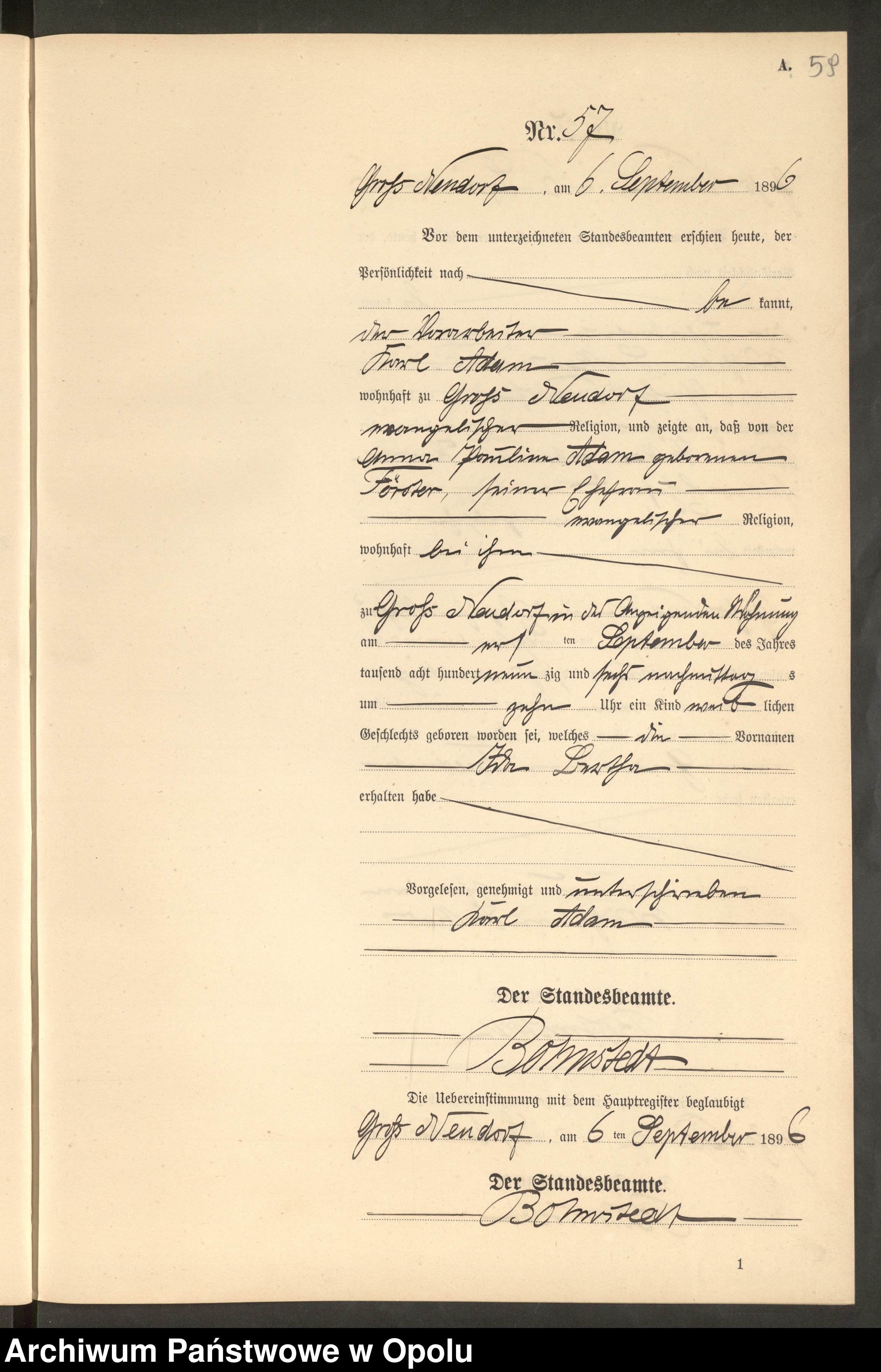 Skan z jednostki: Geburts-Neben-Register Standes-Amt Gross Neudorf 1896