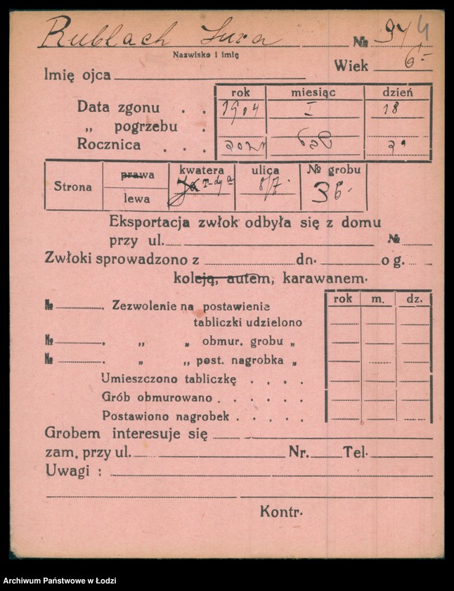 Obraz 5 z jednostki "Kartoteka osób pochowanych na cmentarzu żydowskim przy ulicy Brackiej w latach 1892-1956. Nazwiska na litery: Rubl-Rz"