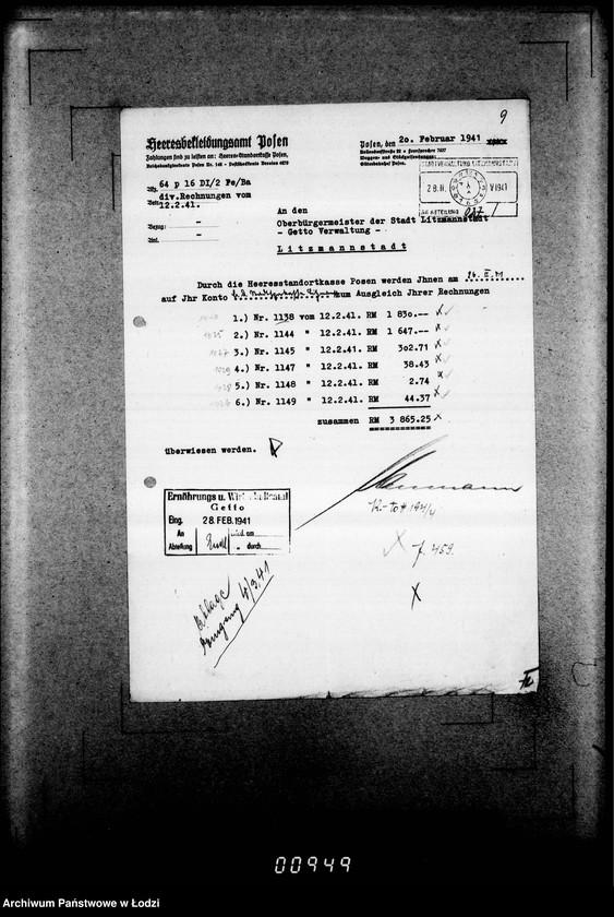 Obraz 13 z jednostki "[Rachunki Heeresbekleidungsamt Posen dla Zarządu Getta]"