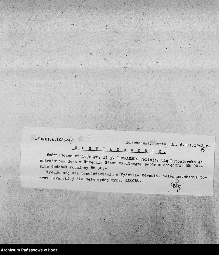 Obraz 9 z jednostki "[Kopie zaświadczeń dla pracowników Wydziałów Ewidencji o zatrudnieniu, wysokości poborów, potrąceniach za komorne, przydziałach żywnościowych i inne]"