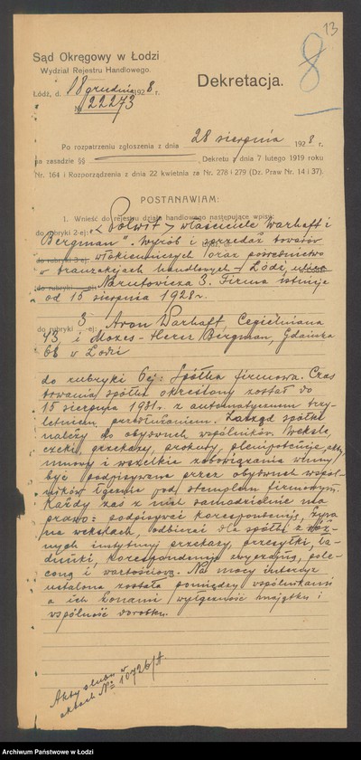 Obraz 15 z jednostki "Aron Warhaft i M. H. Bergman - Wyrób i sprzedaż towarów włókienniczych i pośrednictwo handlowe Polwit"