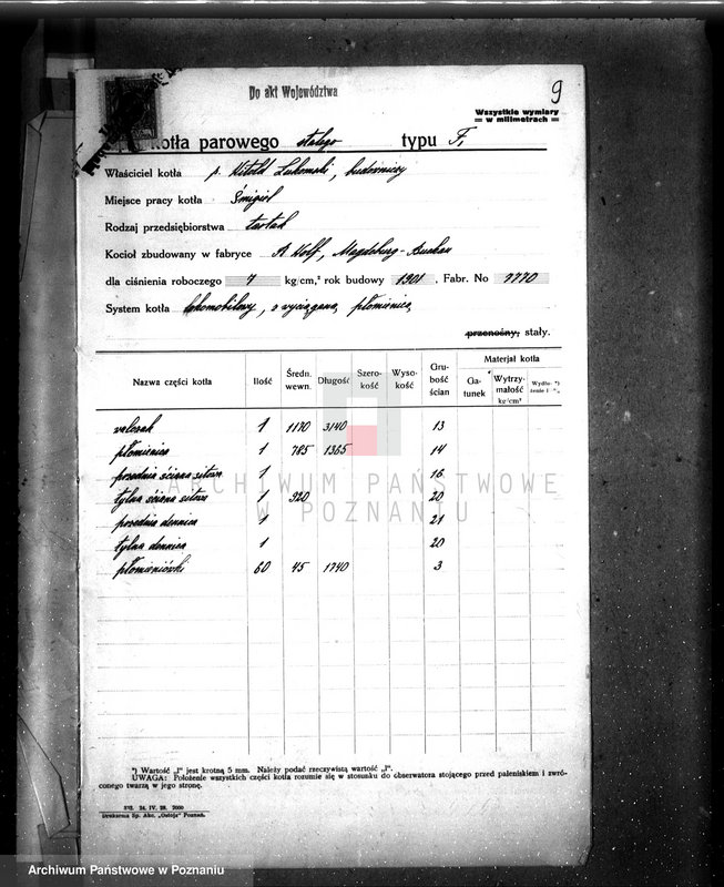 Obraz 13 z jednostki "Tartak w Śmiglu pow. kościański, własność W. Łukomskiego nadzór nad kotłem parowym"