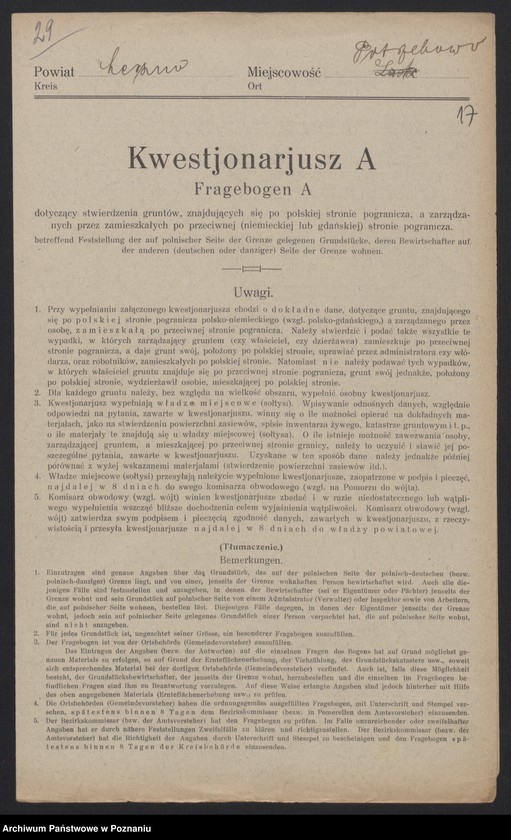 Obraz 15 z jednostki "[Kwestionariusze dotyczące stwierdzenia gruntów znajdujących się po polskiej stronie pogranicza a zarządzanych przez zamieszkałych po stronie niemieckiej] powiat leszczyński"