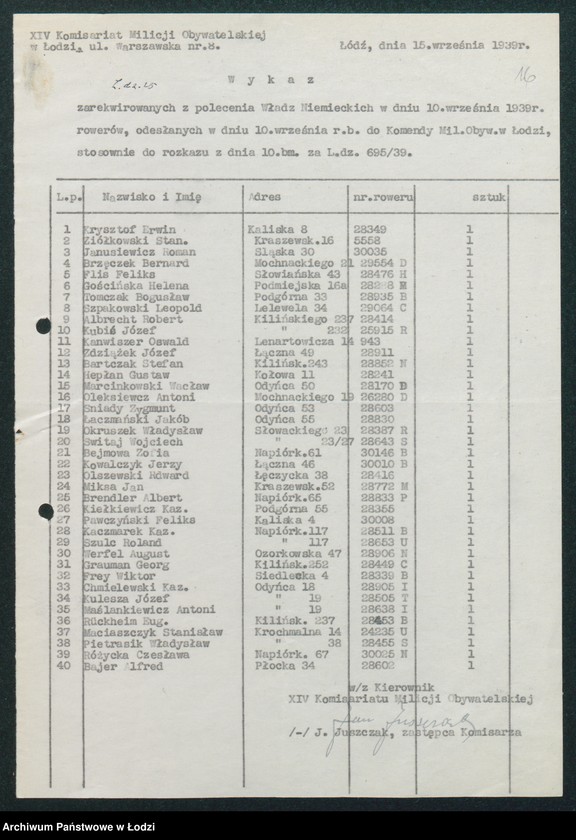 Obraz 18 z jednostki "[Akta XIV Komisariatu Milicji Obywatelskiej - pokwitowania oddanej broni, spisy wolnych lokali, rowerów i motocykli]"