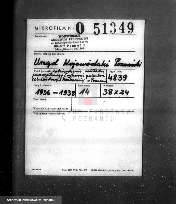 Obraz 2 z jednostki "Zatwierdzenie zakładu przemysłowego /wytwórni galanterii celuloidowej/ Mańkowskiej Reginy w Poznaniu"