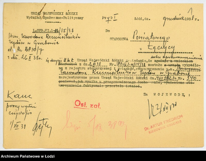 Obraz 4 z jednostki "Stowarzyszenie Zawodowe Rzemieślników Zydów w Grabowie pow. łęczycki"