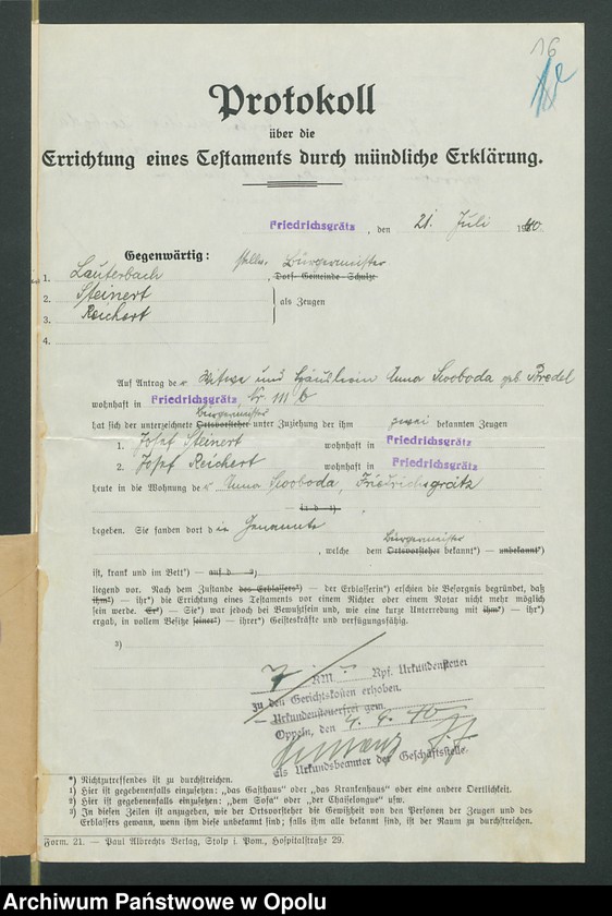 Obraz 20 z jednostki "Verfügung von Todes wegen der Anna Swoboda geb[oren] Bredel aus Friedrichsgrätz gestorben am 28.07.1940 zuletzt wohnhaft in Friedrichsgrätz."