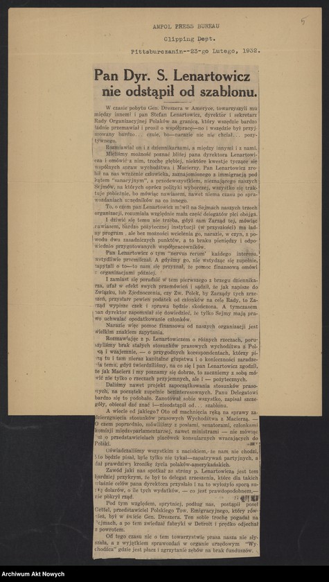 image.from.unit.number "Kamieński Bronisław; Załączniki: 1) wycinki prasowe; 2) artykuł Alskiego (redaktor "Pittsburczanin Daily") z dn. 15 III 1934 r.; 3) tekst mowy sen. Millard