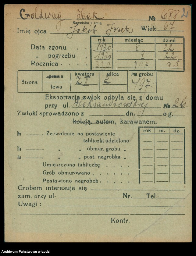 Obraz 3 z jednostki "Kartoteka osób pochowanych na cmentarzu żydowskim przy ulicy Brackiej w latach 1892-1959. Nazwiska na litery: Goldw-Gö"