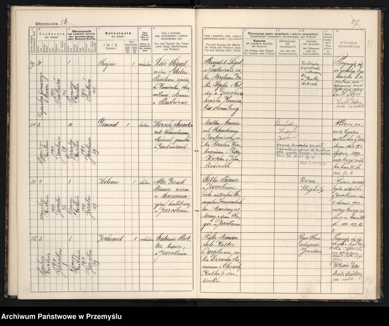 image.from.unit.number "Księga urodzin izr[aelickiego] Urzędu metrykalnego w Jarosławiu 1911"