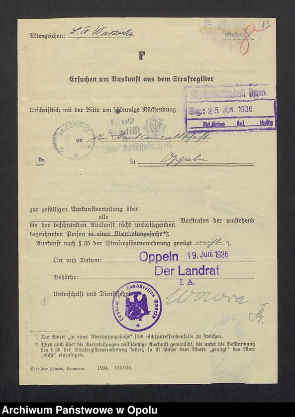 Obraz 15 z jednostki "[Zezwolenie na pobyt - Heinrich Warzecha, ur. 13. 07. 1906 Kudoba pow. oleski]"