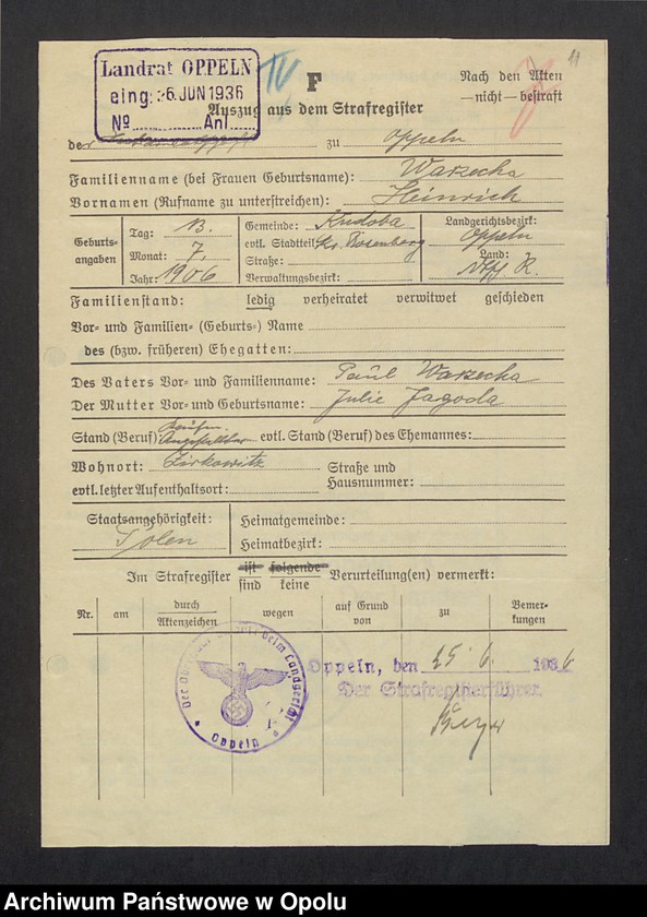 Obraz 13 z jednostki "[Zezwolenie na pobyt - Heinrich Warzecha, ur. 13. 07. 1906 Kudoba pow. oleski]"