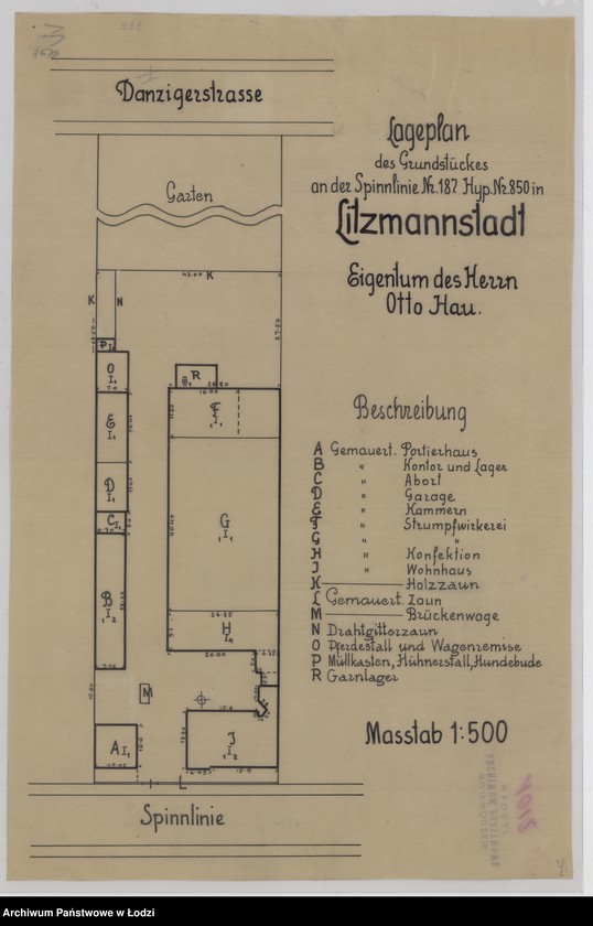 Obraz 1 z jednostki "Lageplan des Grundstückes an der Spinnlinie Nr 187, Hyp. nr 850 in Litzmannstadt"