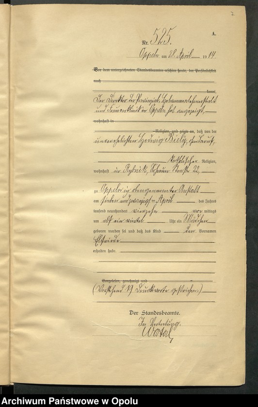 Obraz 11 z jednostki "Urząd Stanu Cywilnego Opole Księga Urodzeń Rok 1914 520-1033"