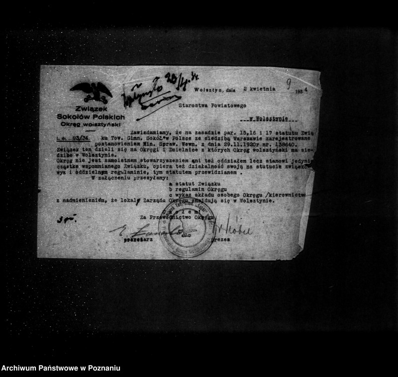 Obraz 13 z jednostki "/Związek Towarzystw Gimnastycznych Sokół w Polsce- sprawa rejestracji Dzielnicy w Poznaniu i zarządów okręgów/"