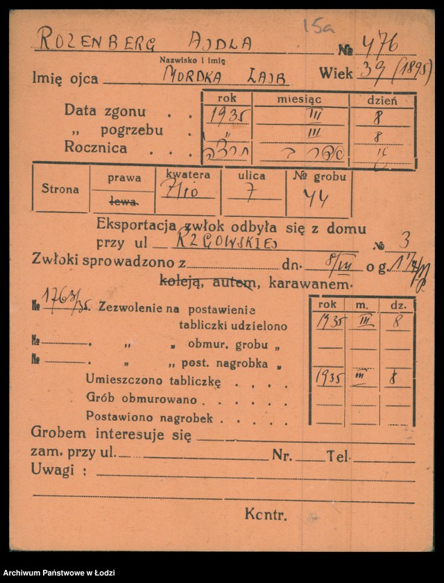 Obraz 17 z jednostki "Kartoteka osób pochowanych na cmentarzu żydowskim przy ulicy Brackiej w latach 1892-1954. Nazwiska na litery: Rozenbe-Rozenf"