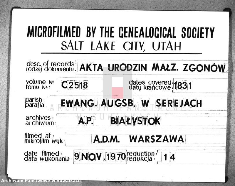 image.from.unit.number "Księga Duplicat Aktów Urodzonych, Zeszłych i Zaślubionych Proboszcza i Urzędnika Stanu Cywilnego Parafii Ewangelickiey Sereyskiey na Rok 1831-szy Sporządzony"