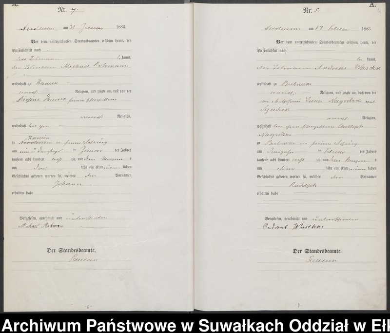 image.from.unit.number "Geburts-Haupt-Register des Königlich Preussischen Standes-Amtes Forstrevier Nicolaiken Kreis Sensburg für das Jahr 1883 [do 1887]"
