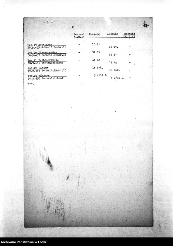 Obraz 20 z jednostki "[Specyfikacje materiałów technicznych, skórzanych, chemicznych, farbiarskich; artykułów biurowych, narzędzi, maszyn, tkanin, żywności i innych posiadanych na składzie Wydziału Specjalnego]"