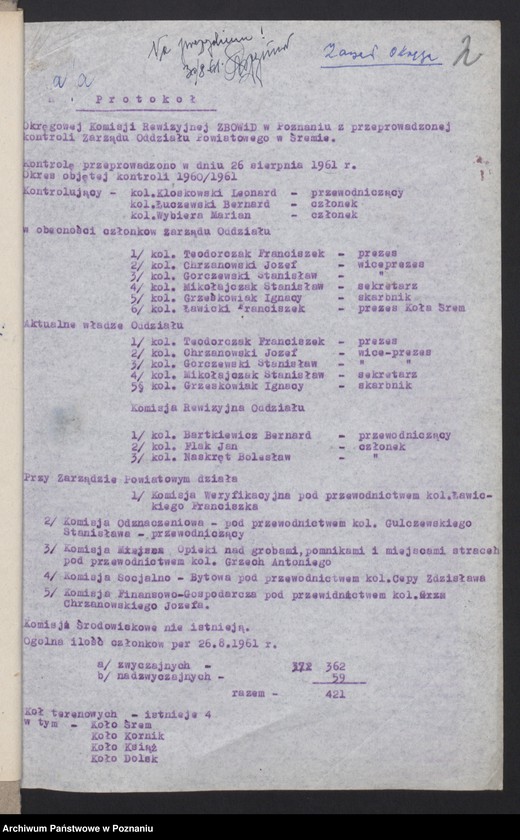 Obraz 11 z jednostki "Protokoły z posiedzeń Okręgowej Komisji Rewizyjnej Związku Bojowników o Wolność i Demokrację z przeprowadzonych kontroli w: 1. Śremie, 2. Środzie, 3. Poznaniu - Wildzie."
