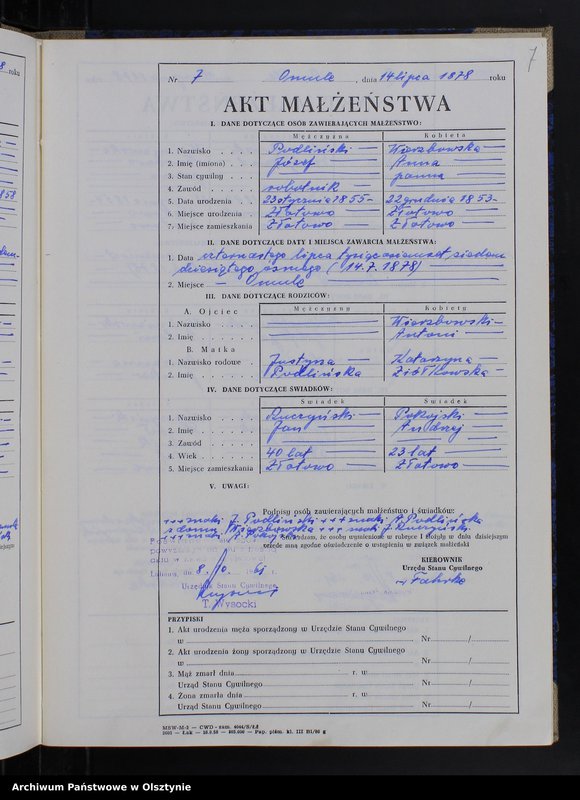 Obraz 9 z jednostki "Księga małżeństw Nr 1 - 12,1 - 9,1 - 15,1 - 12,1 - 17 i 1 - 15 /brak lat 1880 - 1882/ /przepisana w języku polskim z oryginału niemieckiego w dniach 8.10.-11.10.1961/"