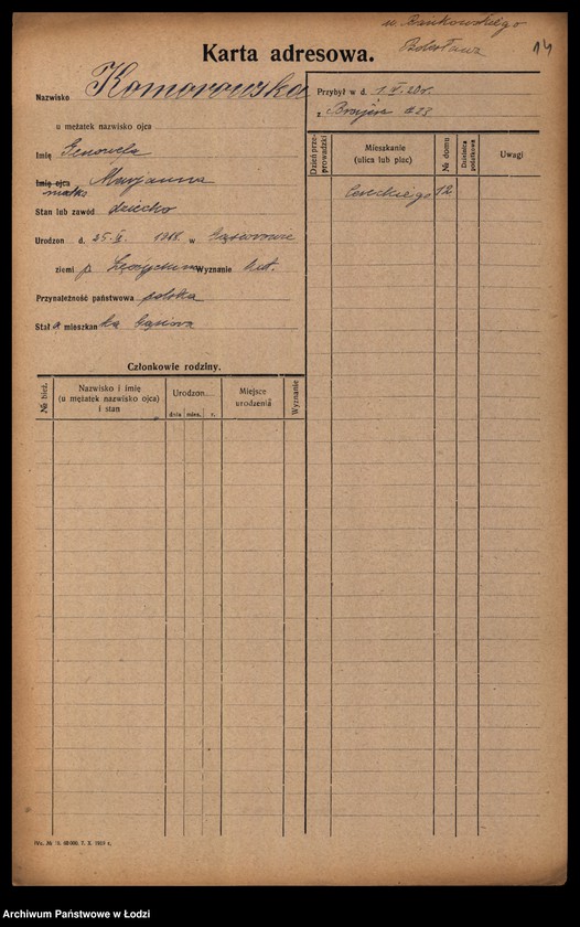 Obraz 16 z jednostki "[Spis ludności Łodzi] Komorowska - Kon"