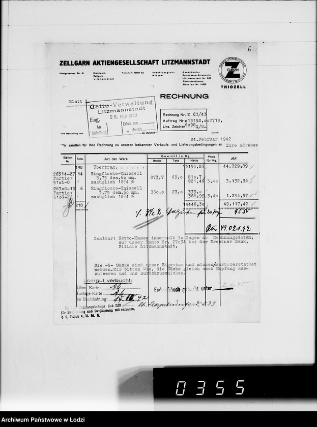 Obraz 10 z jednostki "Rechnungen zu Aufträge. Ziegenhagen [za dostawy towarów dla Getta]"