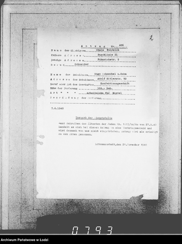 Obraz 6 z jednostki "J[uden] 406-420 [Wnioski Żydów z Getta o zwrot należności za pracę lub towar wzięty na kredyt]"