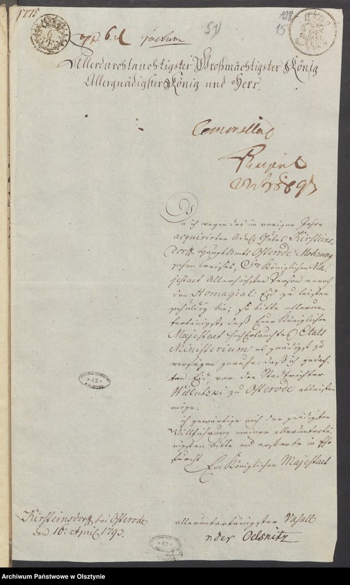 image.from.unit.number "In S. [Sachen] des v. [von] Schleinitz den Verkauf seines adelichen Guths Kirsteinsdorf [ Kiersztanowo] H. [Haupt] Amts Osterode [Ostróda] an den Lieutenant v. [von] Oelsnitz auf Plowenzin in Westpreussen"