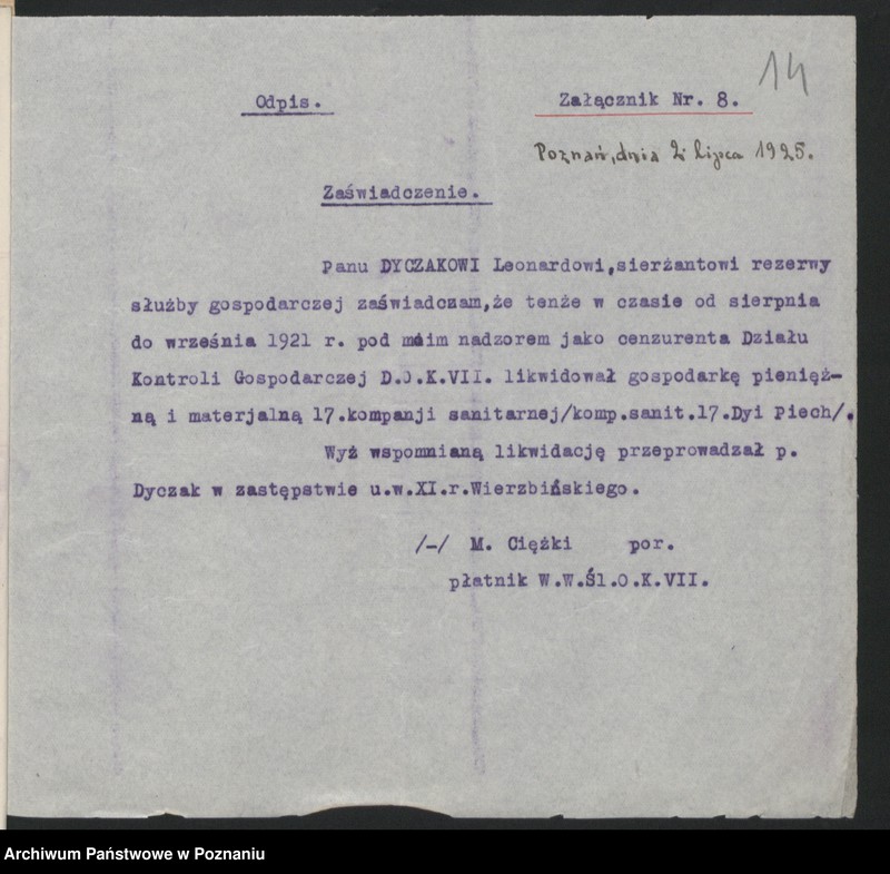 Obraz 16 z jednostki "Koło - Poznań przebieg służby wojskowej Leonarda Dyczaka."