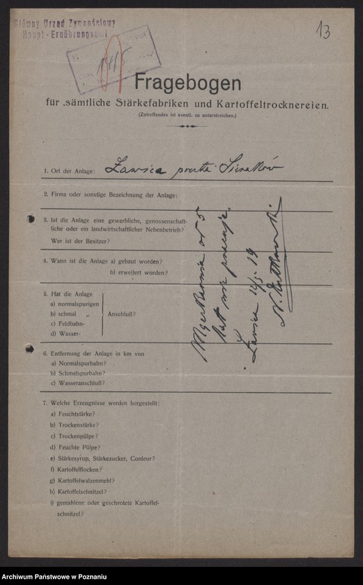 Obraz 15 z jednostki "[Kwestionariusze statystyczne dotyczące suszarni i krochmalni ziemniaków]"