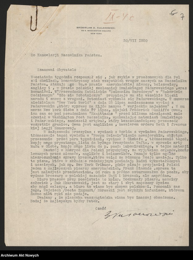 image.from.unit.number "Stany Zjednoczone (korespondencja w sprawie uzyskania pożyczki dolarowej, przyjazdu do Polski księdza dr Abernethy oraz akcji prasowej w Ameryce, skierowanej przeciw Naczelnikowi Państwa)"