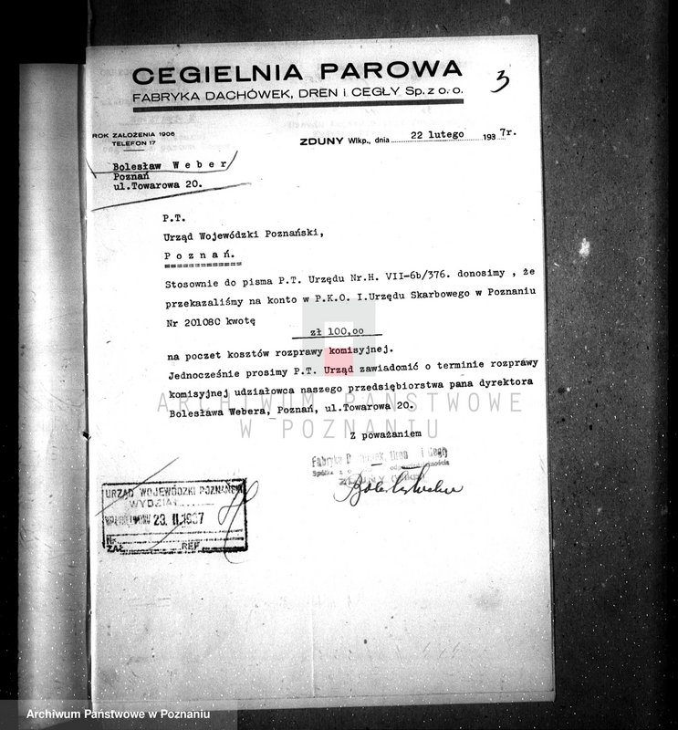 Obraz 8 z jednostki "Zatwierdzenie zakładu przemysłowego /cegielni parowej/ Fabryka dachówek i dren Spółka z o.o. B. Weber w Zdunach pow. krotoszyński"