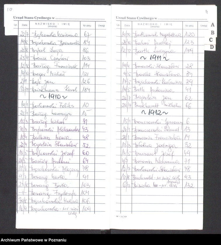 Obraz 9 z jednostki "[Skorowidz alfabetyczny do akt małżeństw i zgonów] za lata 1905-1912]"