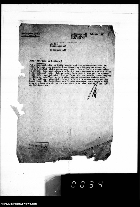 Obraz 12 z jednostki "Abbrüche im Getto. [Korespondencja w sprawie rozbiórki domów w Getcie, miesięczne zestawienia wykonanych prac, wykazy zatrudnionych przy pracach rozbiórkowych]"