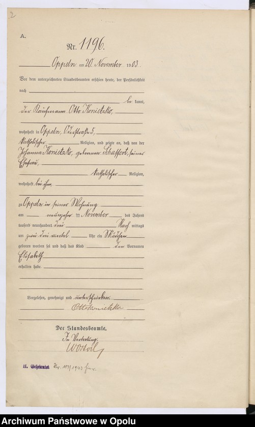 Obraz 6 z jednostki "Urząd Stanu Cywilnego w Opolu 1903 Rejestr Urodzeń Księga Miejscowa Nr 1196 do 1355"