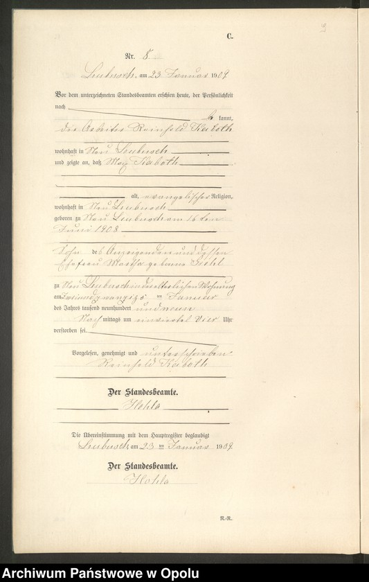 image.from.unit.number "Sterbe-Register (Neben-Register) Standesamt Leubusch 1909"