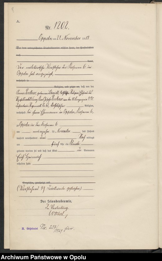 Obraz 12 z jednostki "Urząd Stanu Cywilnego w Opolu 1903 Rejestr Urodzeń Księga Miejscowa Nr 1196 do 1355"