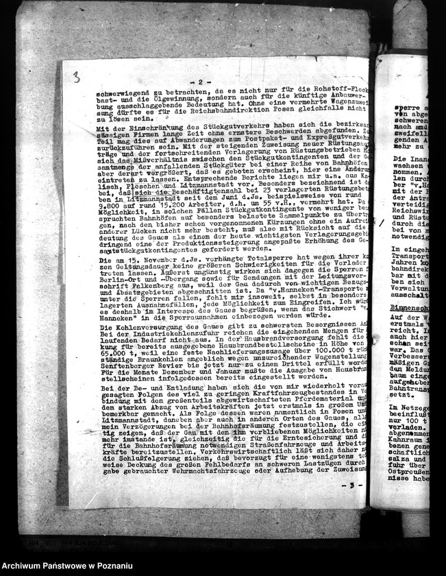 Obraz 7 z jednostki "Berichte über Auswirkungen der Verkehrslage im Reichsbahndirektionsbezirk Posen. Versorgung der bombenbeschädigten Bevölkerung. Treibstoffzuteilungen"