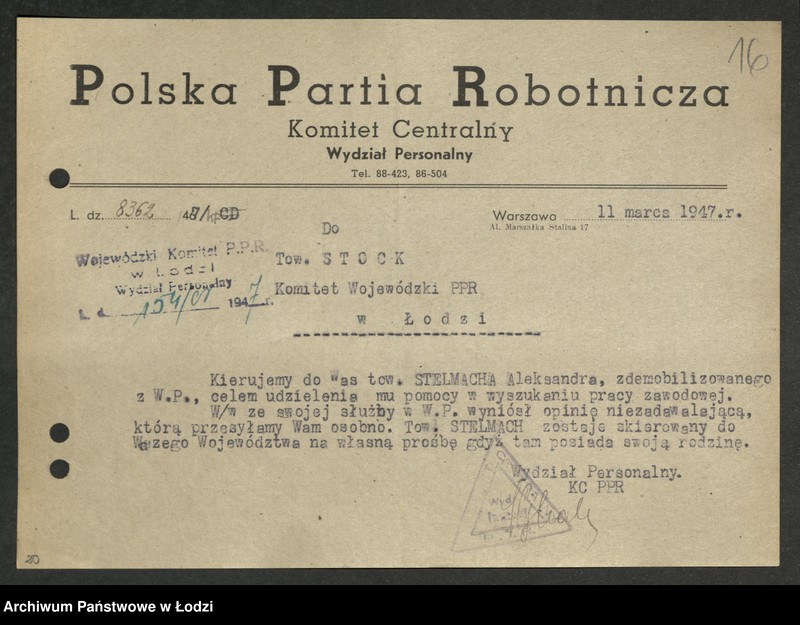 Obraz 17 z jednostki "Korespondencja [z Wydziałem Personalnym Komitetu Centralnego]"