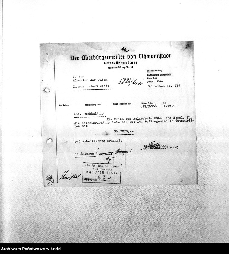 Obraz 17 z jednostki "Sonderkonto [Korespondencja PSŻ z GV w sprawach buchalteryjnych: uznanie konta za przekazane Niemcom mienie żydowskie i dostarczoną siłę roboczą w zamian świadczeń ze strony GV]"