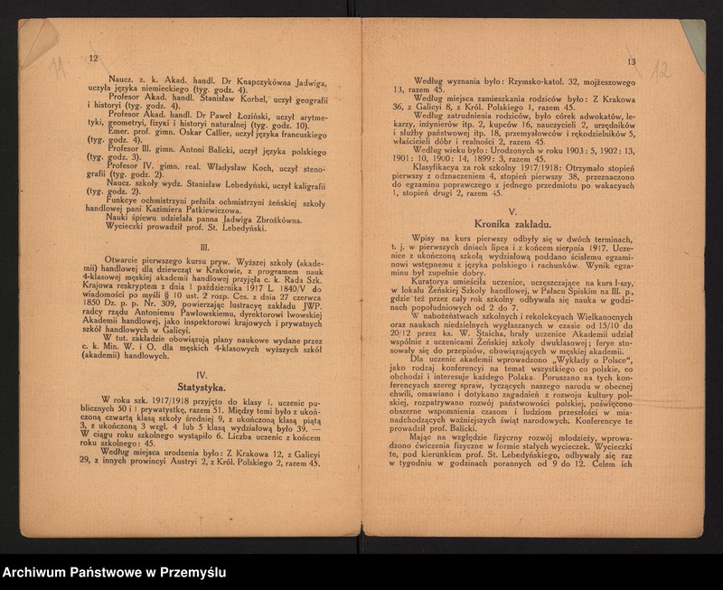 image.from.unit.number "I Sprawozdanie Dyrekcji Pryw[atnej] Wyższej Szkoły (Akademii) Handlowej dla Dziewcząt w Krakowie za rok szkolny 1917/18"
